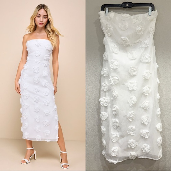 NWOT Lulus Posh Appearance White 3D Floral Applique Strapless Midi Dress - Picture 1 of 9